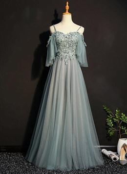 Picture of Light Green Tulle A-line Off Shoulder Party Dresses, Long Prom Dresses